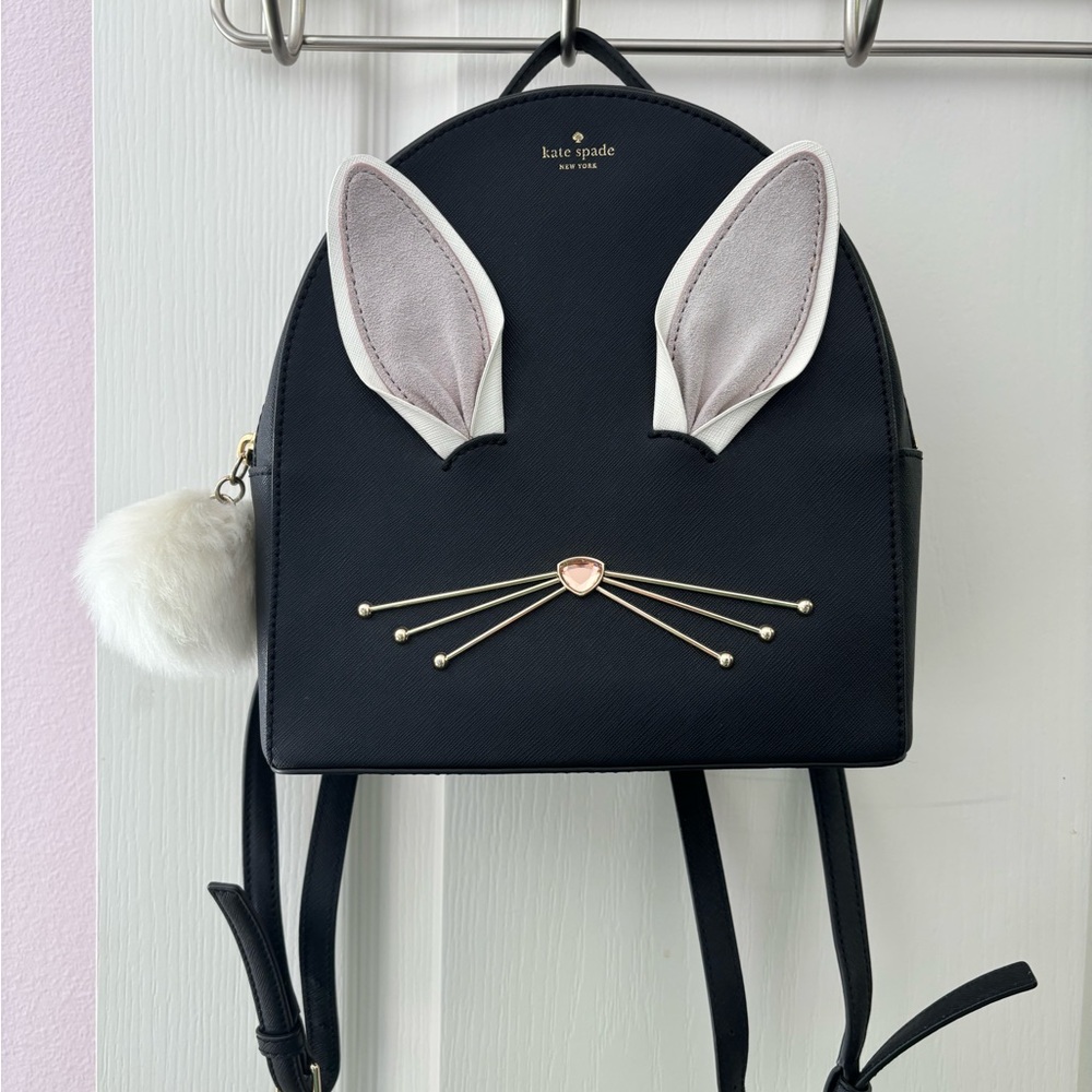 Kate Spade Black and White Bunny Backpack with Pom-Pom